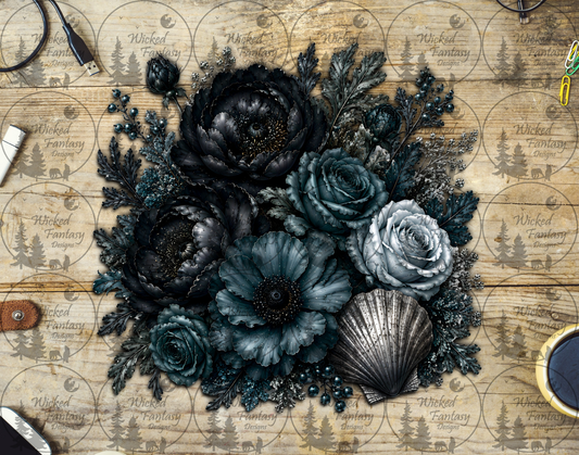 UVDTF Dark Teal Seashell Floral Arrangement