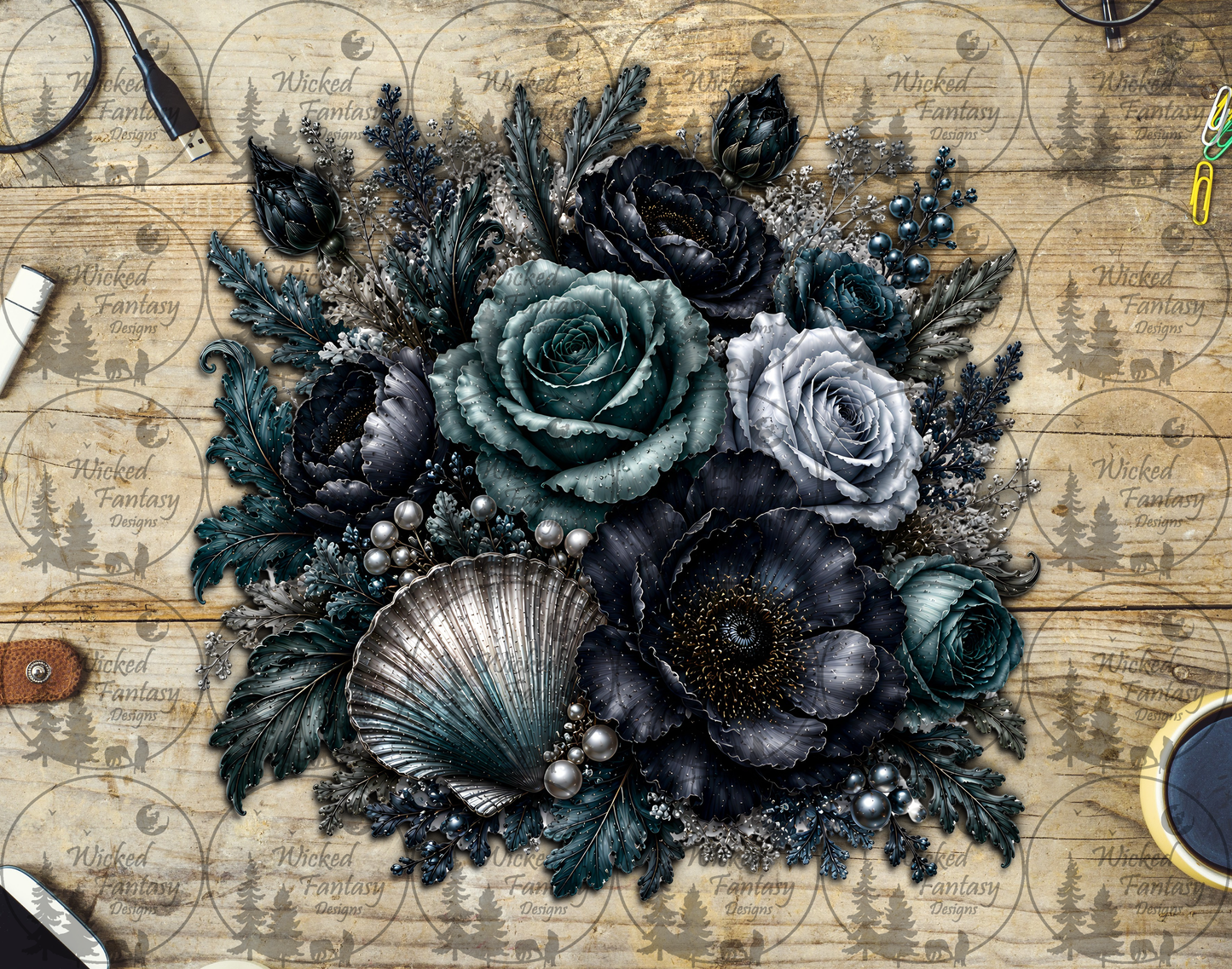 UVDTF Dark Teal and Silver Seashell Floral Arrangement