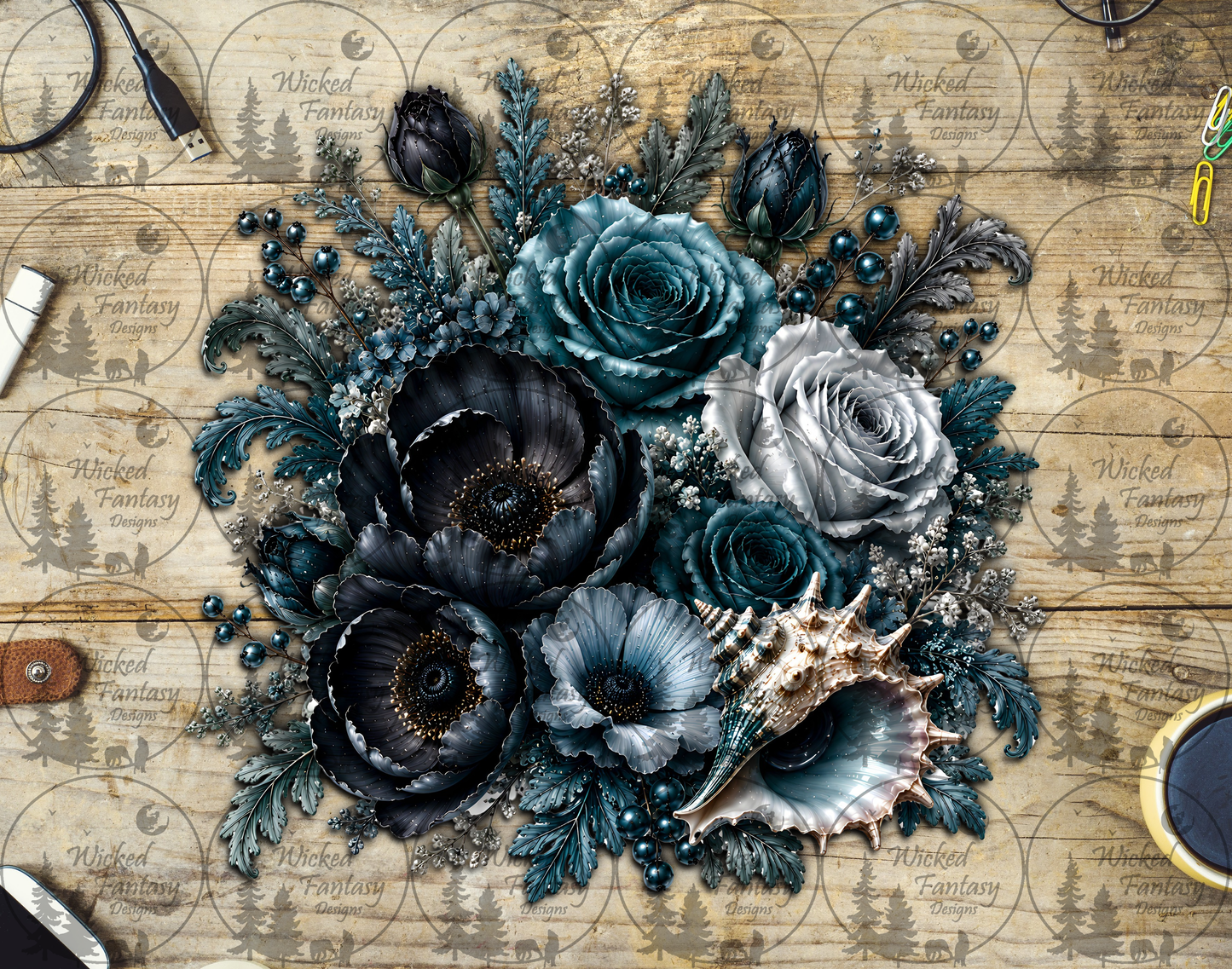 UVDTF Teal and Silver Seashell Floral Arrangement