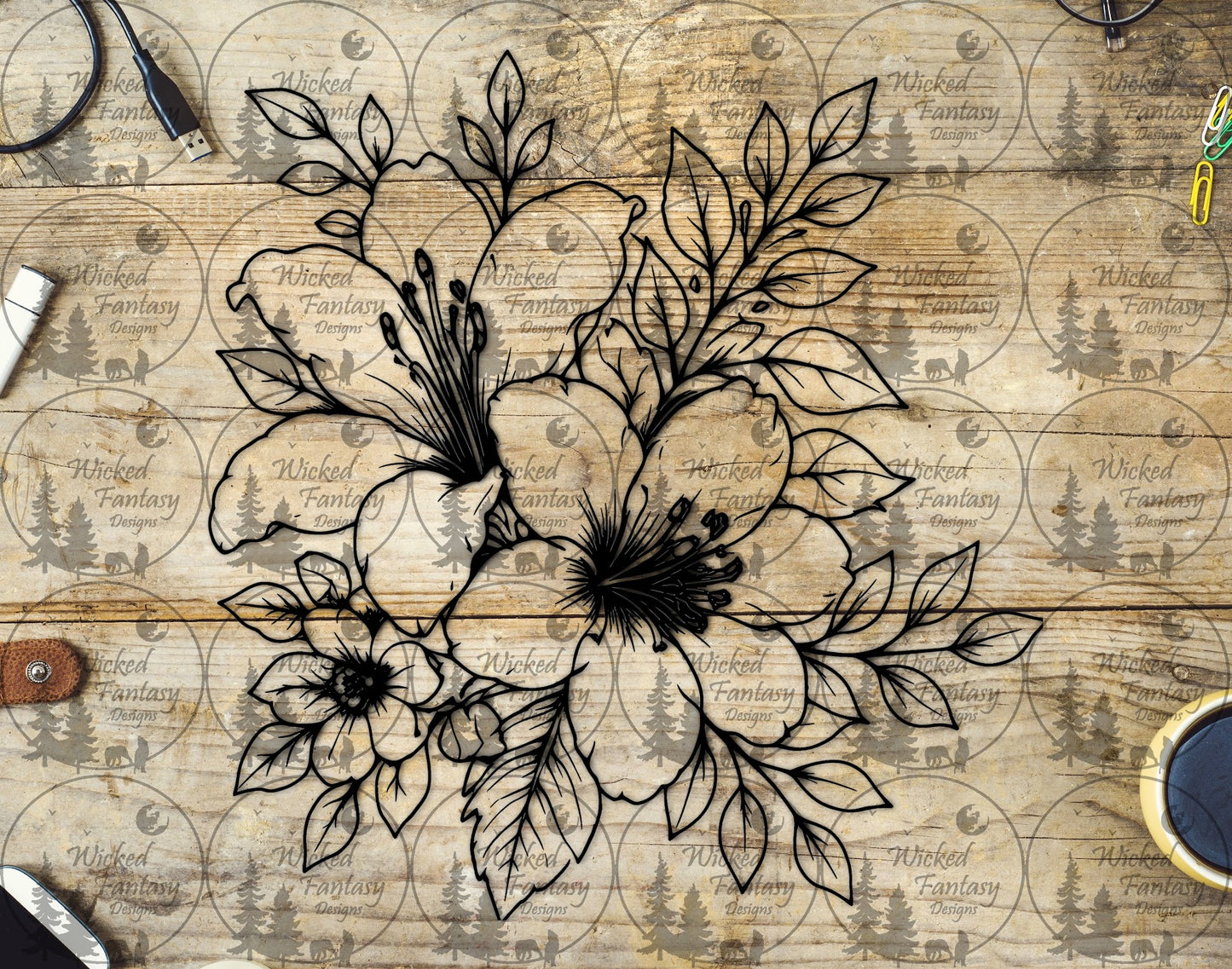 UVDTF Hibiscus Floral Arrangement Line Art