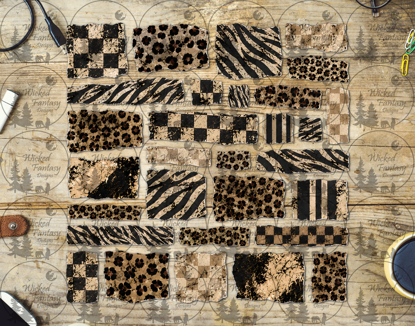 UVDTF Checkered Animal Print Ripped Pages Filler Element Sheet