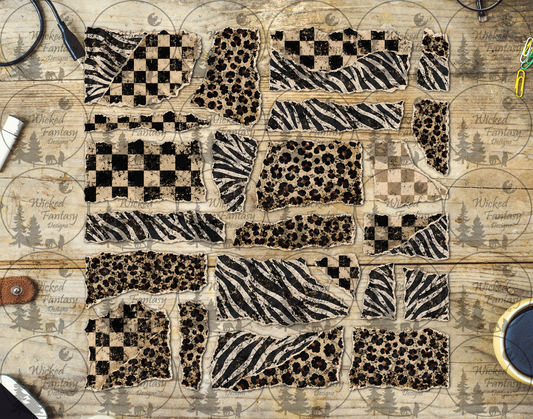 UVDTF Grunge Checkered Animal Print Ripped Pages Filler Element Sheet
