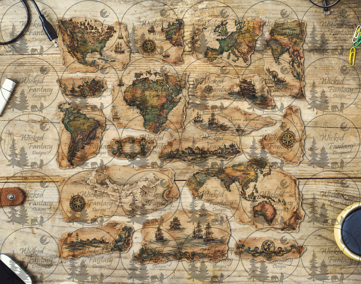 UVDTF Vintage Hand Drawn Map Ripped Pages Filler Element Sheet