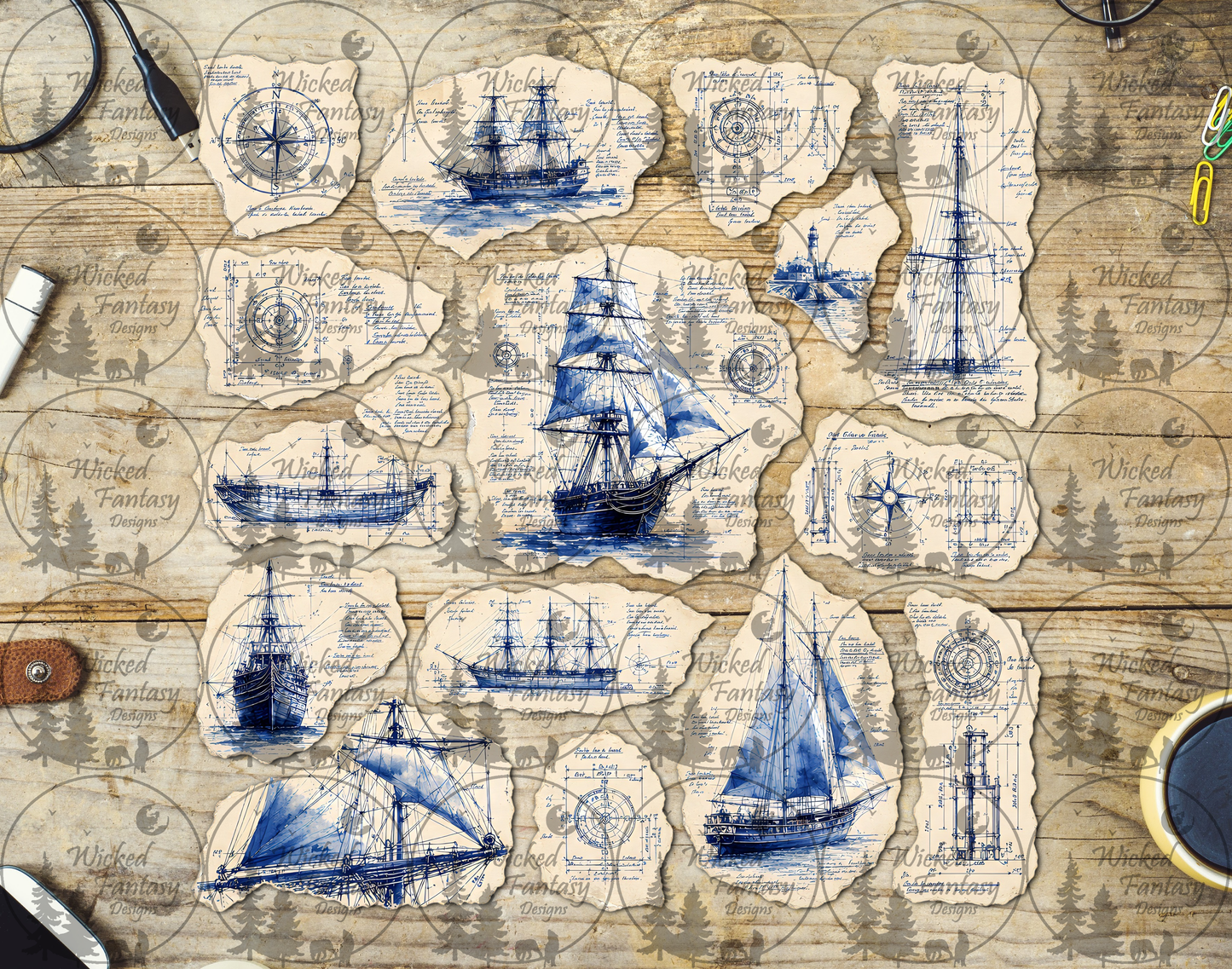 UVDTF Vintage Ship Blueprints Ripped Pages Filler Element Sheet