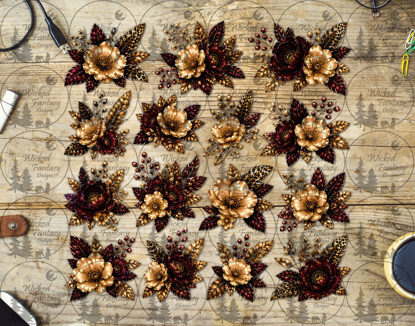 UVDTF Rainbow and Golden Leopard Print Floral Filler Element Sheet