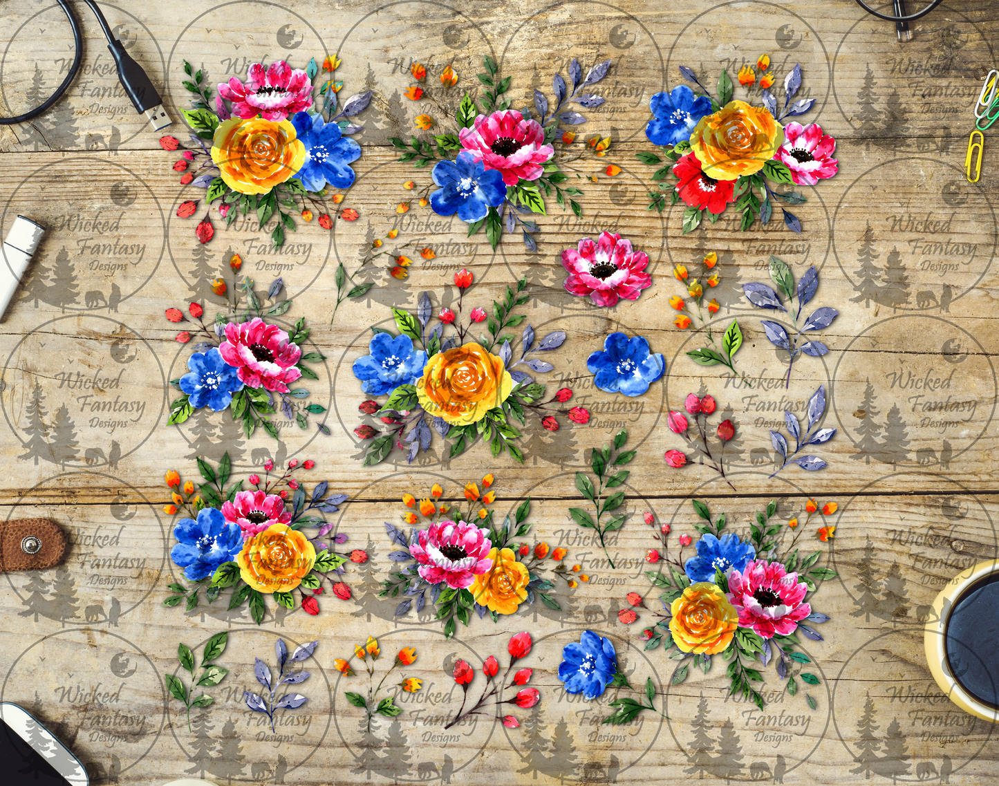 UVDTF Pink Yellow and Blue Floral Filler Element Sheet