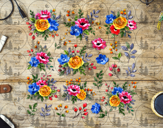 UVDTF Pink Yellow and Blue Floral Filler Element Sheet