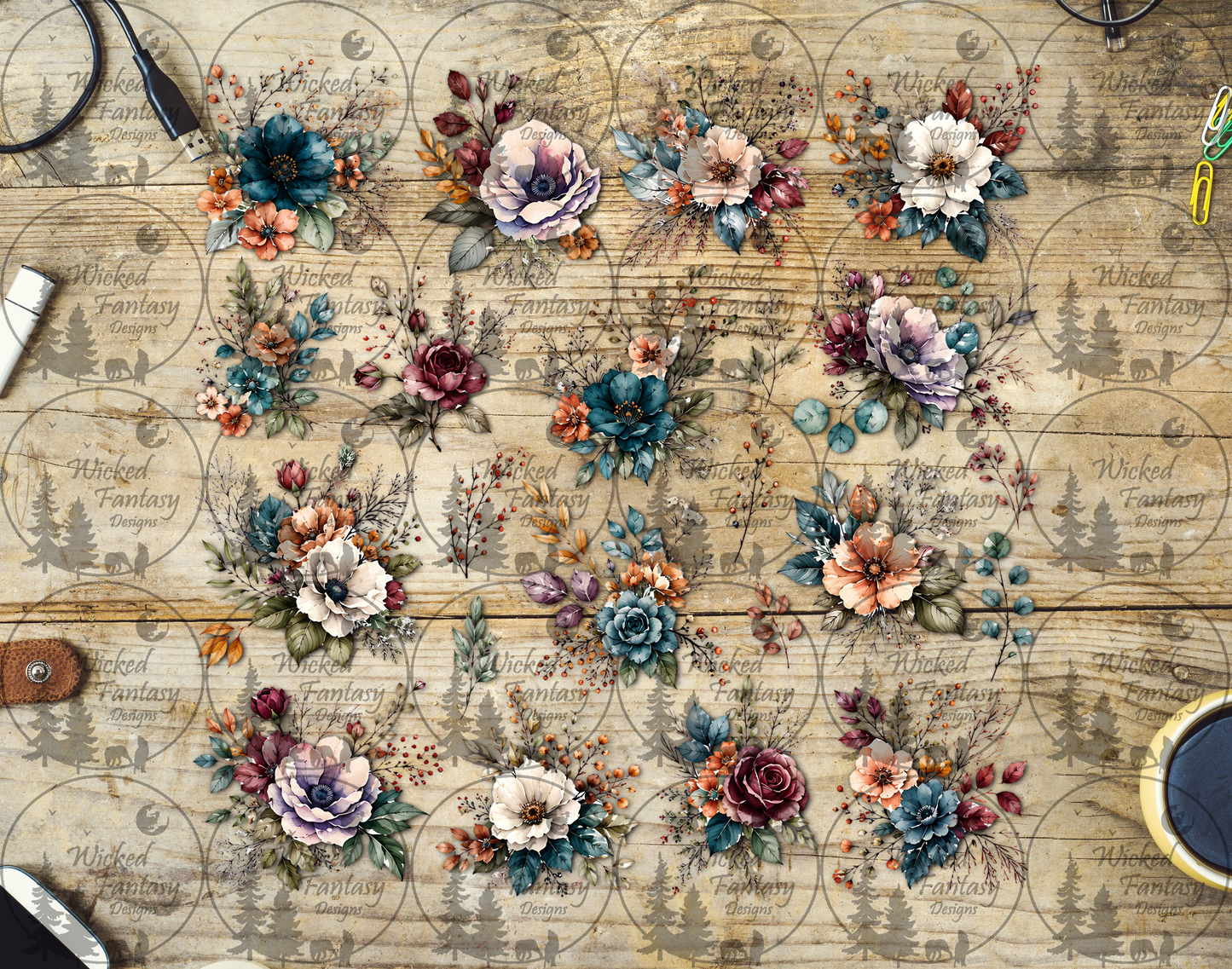 UVDTF Teal Burgundy and Orange Floral Filler Element Sheet