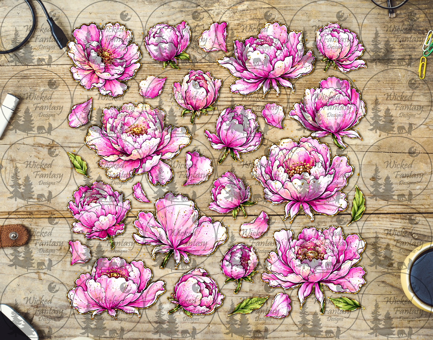 UVDTF Illustrated Pink Peonies Filler Element Sheet