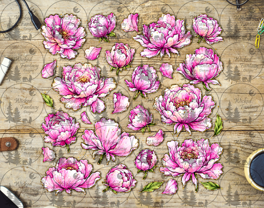 UVDTF Illustrated Pink Peonies Filler Element Sheet