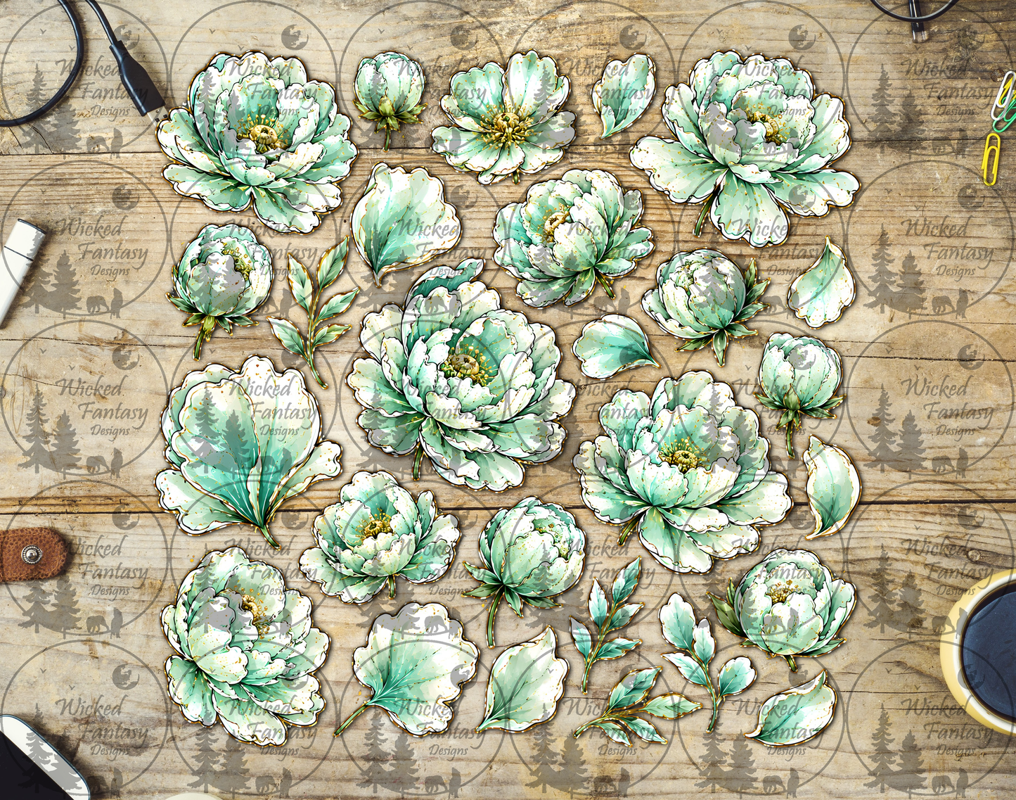 UVDTF Illustrated Spring Green Peonies Filler Element Sheet