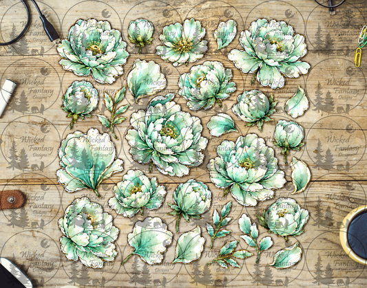 UVDTF Illustrated Spring Green Peonies Filler Element Sheet