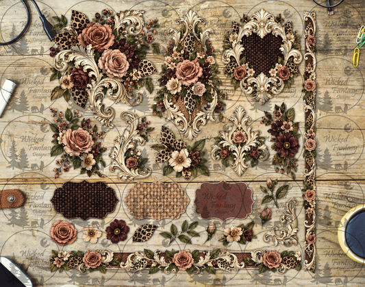 UVDTF Dusty Rose Leopard Print Filagree  Multimedia Element Sheet