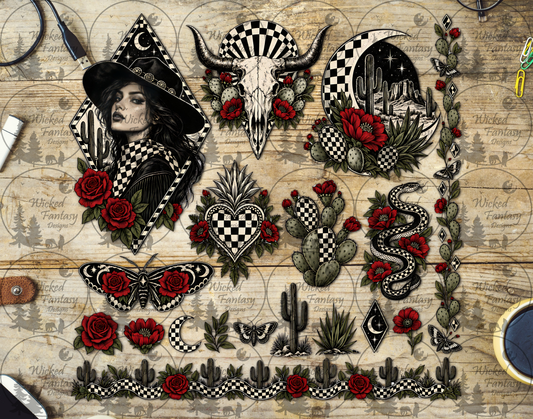 UVDTF Retro Checkered Rose Cowgirl Multimedia Element Sheet