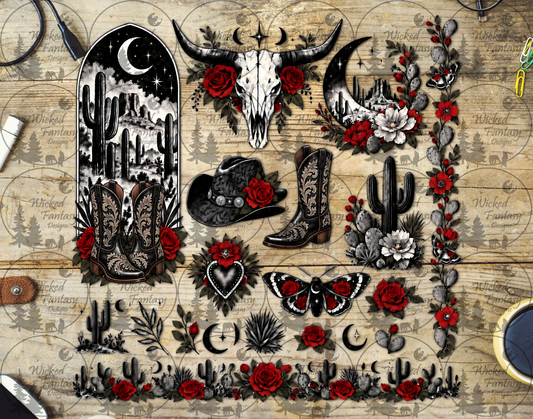 UVDTF Retro Midnight Rose Cowgirl Multimedia Element Sheet