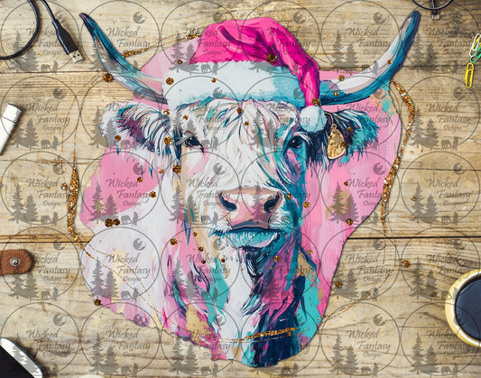 UVDTF Cute Cow with Santa Hat