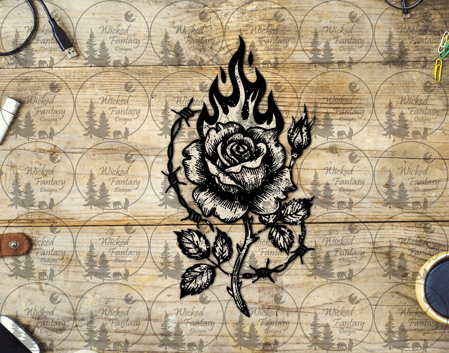 UVDTF Barb Wire Rose and Flames
