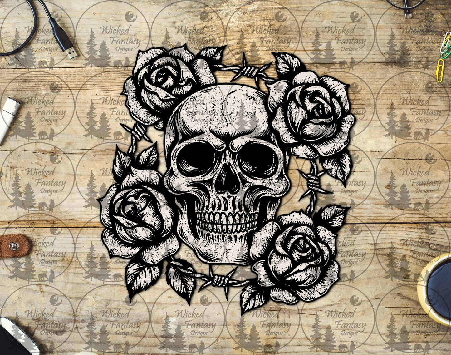 UVDTF Ivory Skull with Barb Wire and Roses