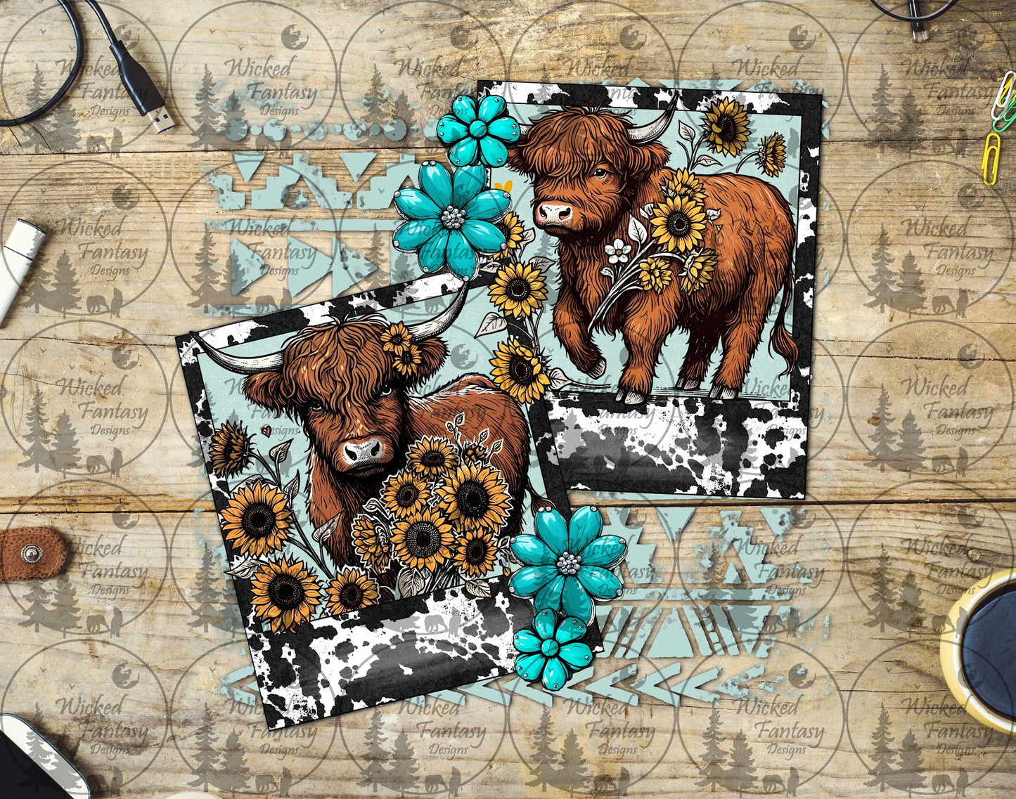 UVDTF Cute Highland Cows and Sunflowers Photos