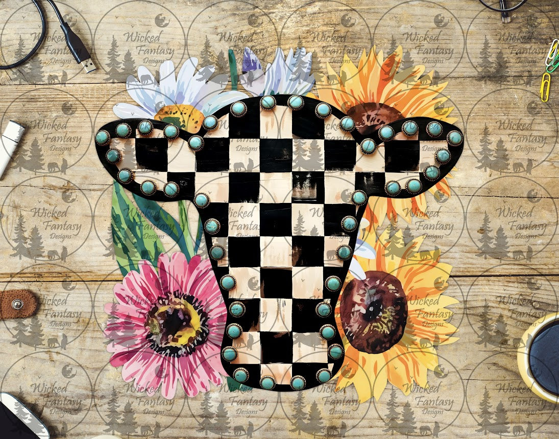 UVDTF Checkered and Turquoise Cow with Daisies