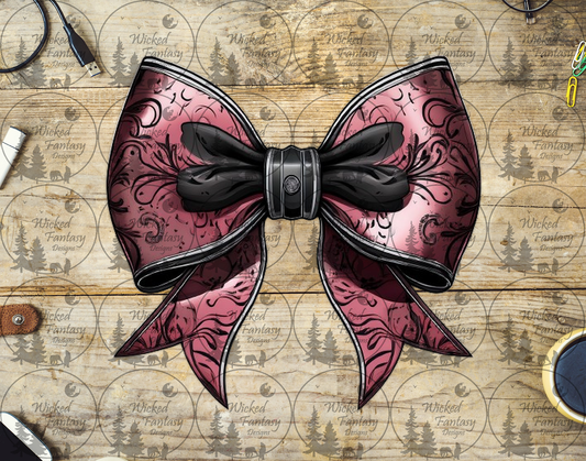 UVDTF Pink Tooled Leather Bow with Black Tie