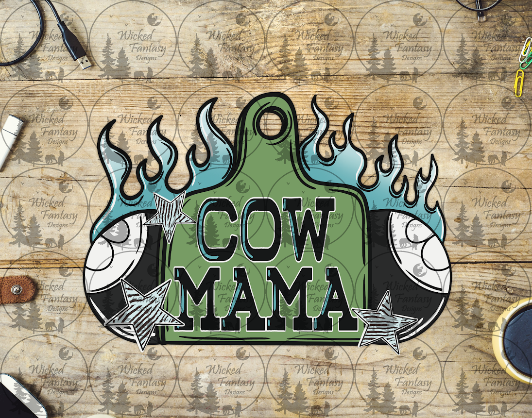 UVDTF Cow Mama Ear Tag with Eight Balls and Flames