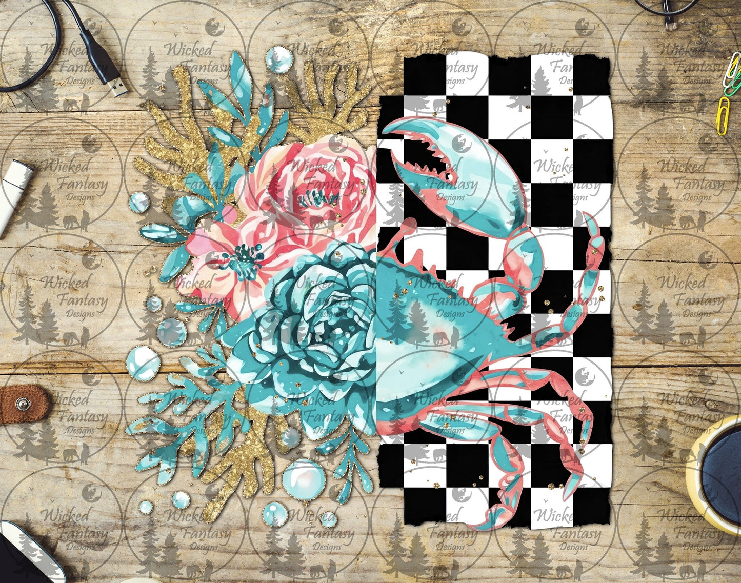 UVDTF Floral and Checkered Crab