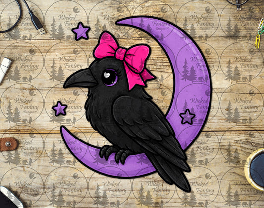 UVDTF Crow and Pink Bow on a Purple Moon
