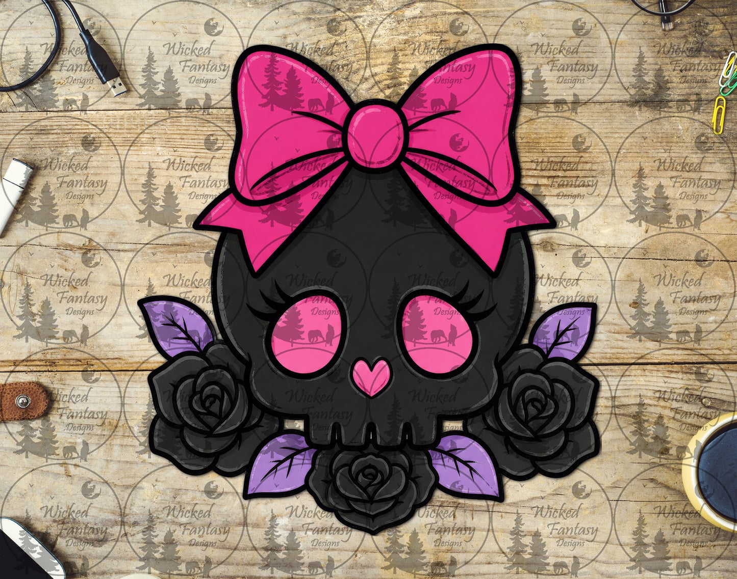 UVDTF Skull with Roses and Pink Bow