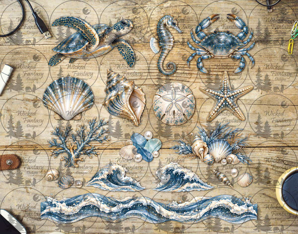 UVDTF Dusty Blue Beach Illustration Element Sheet