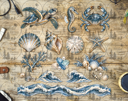 UVDTF Dusty Blue Beach Illustration Element Sheet