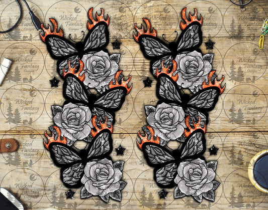 UVDTF Grey Butterflies and Roses with Flames