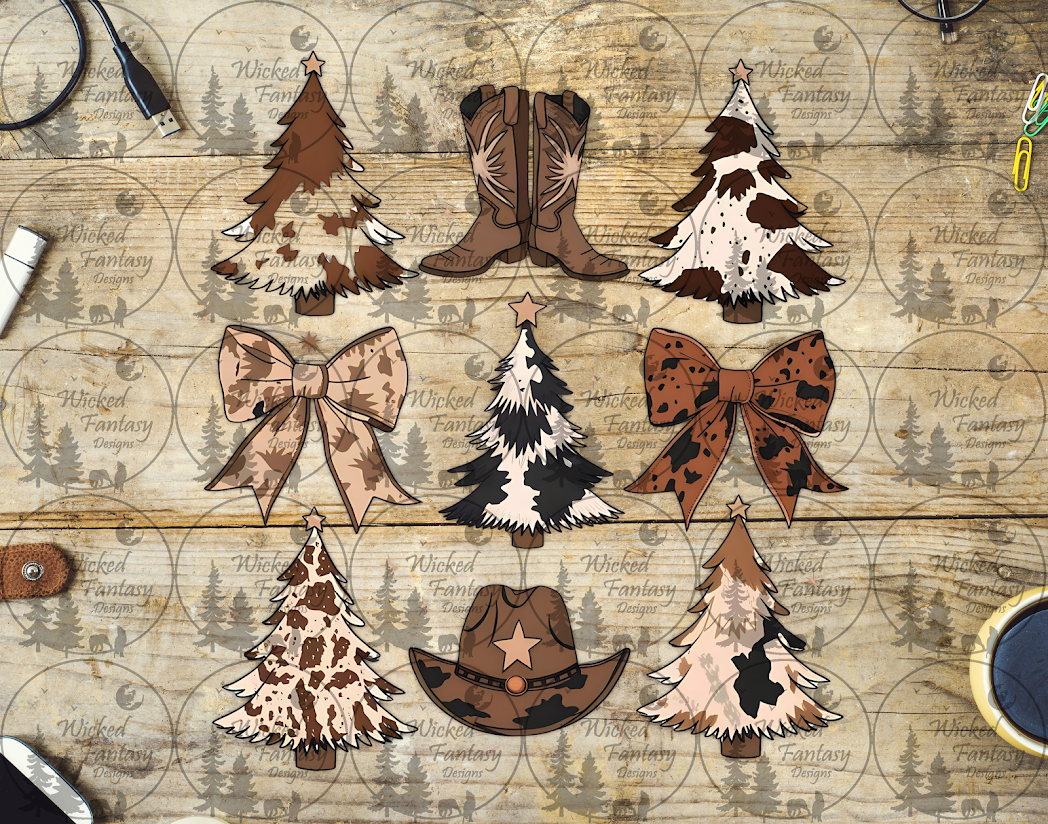 UVDTF Cow Print Christmas Trees and Bows 6x7" Element