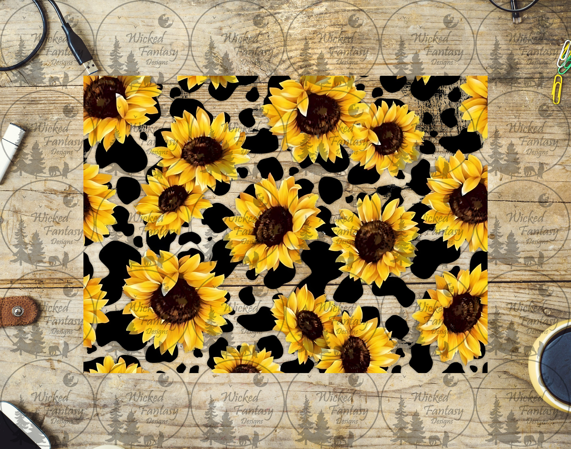 UVDTF Sunflowers and Cow Print 20oz 30oz 10"x10" – Wicked Fantasy Designs