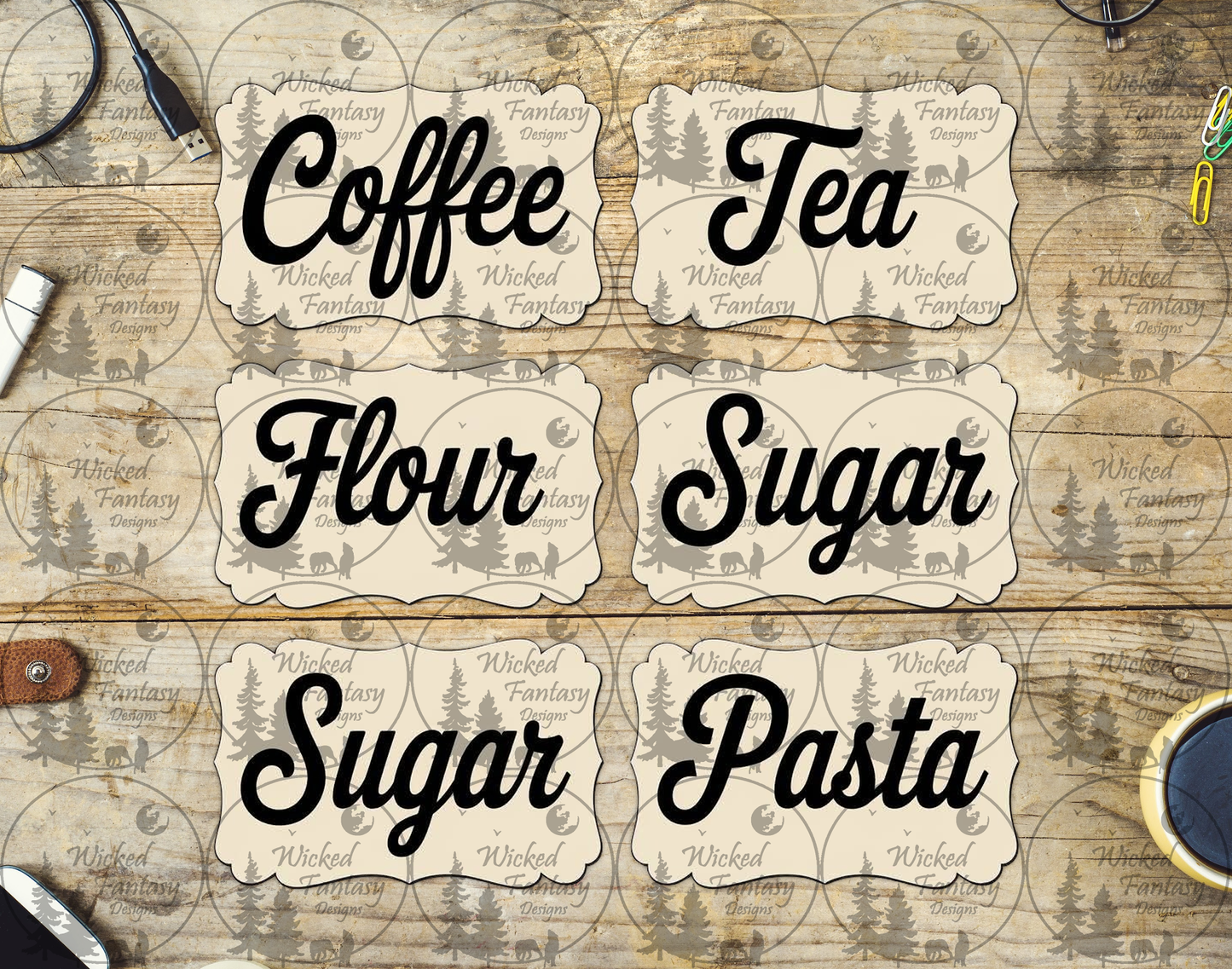 UVDTF Coffee Tea Sugar Flour Pasta Beige Labels 10"x10" Sheet
