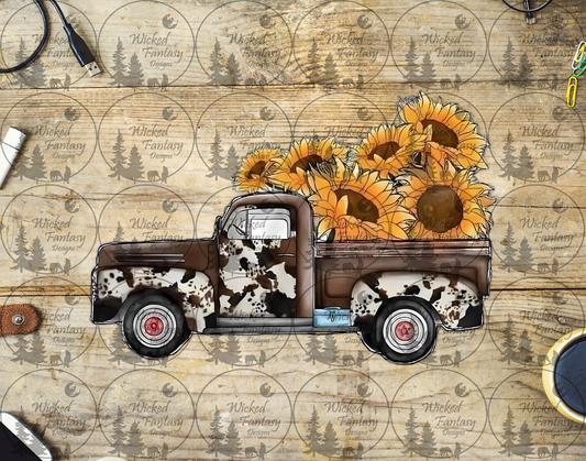 UVDTF Cowhide Vintage Truck with Sunflowers