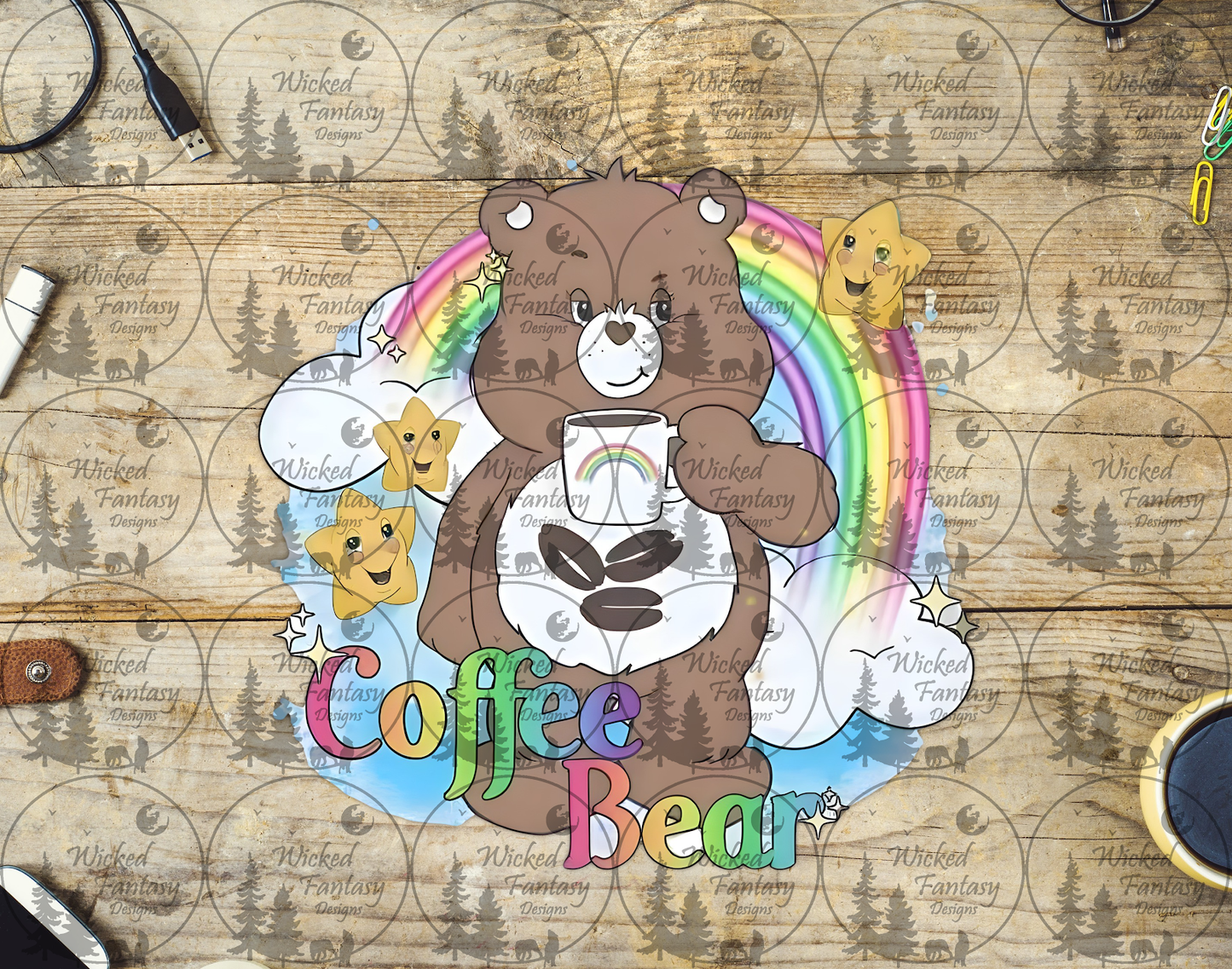 UVDTF Coffee Bear with Rainbow