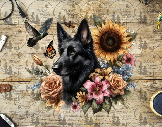 UVDTF Black German Shepherd with Butterflies Roses and Sunflower