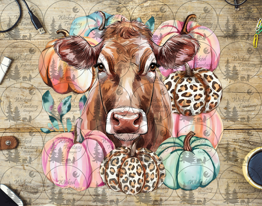 UVDTF Fawn Colored Cow with Pastel Pumpkins