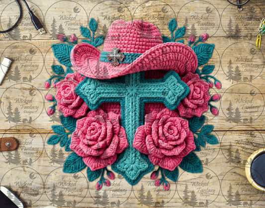 UVDTF Faux Crochet Cross with Cowboy Hat