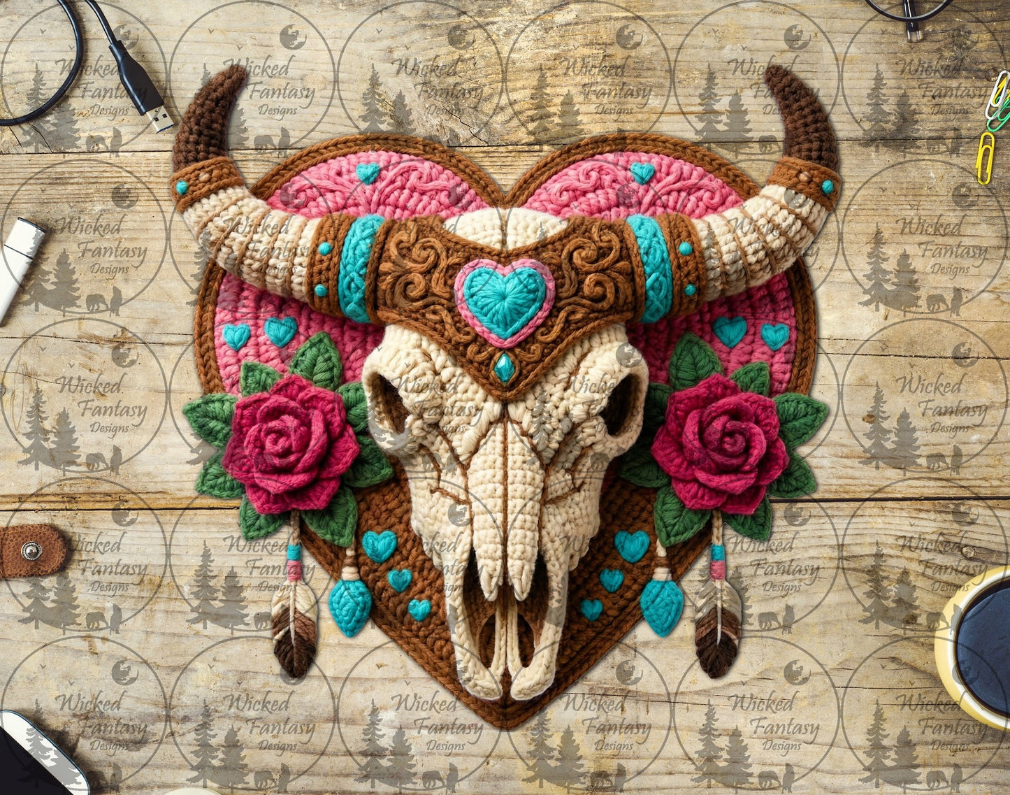 UVDTF Faux Crochet Cow Skull with Heart