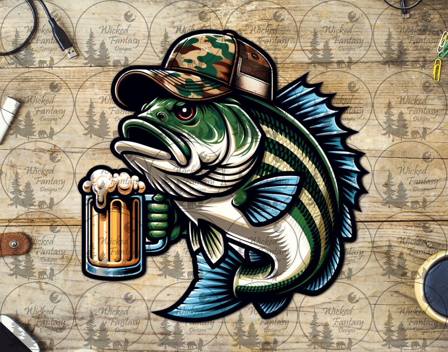UVDTF Fish with Beer Mug and Camo Hat