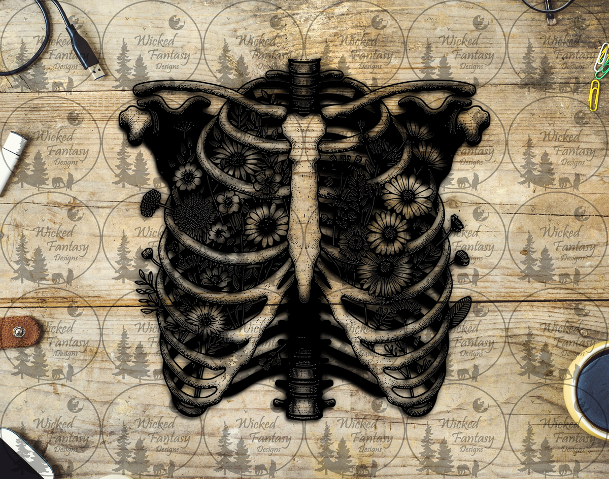UVDTF Skeleton Ribcage with Wildflowers