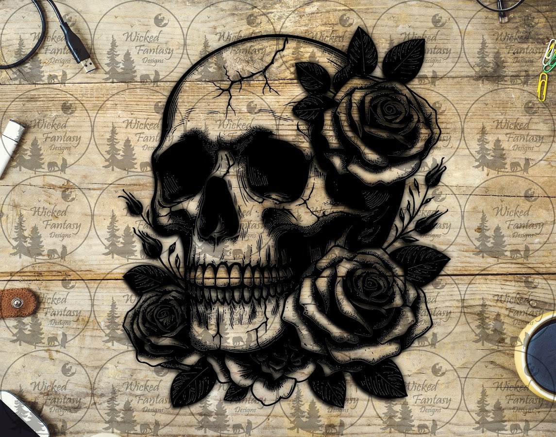 UVDTF Skull and Roses Line Art