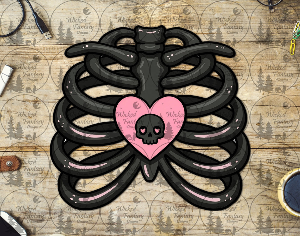UVDTF Skeleton Rib Cage with Pink Heart