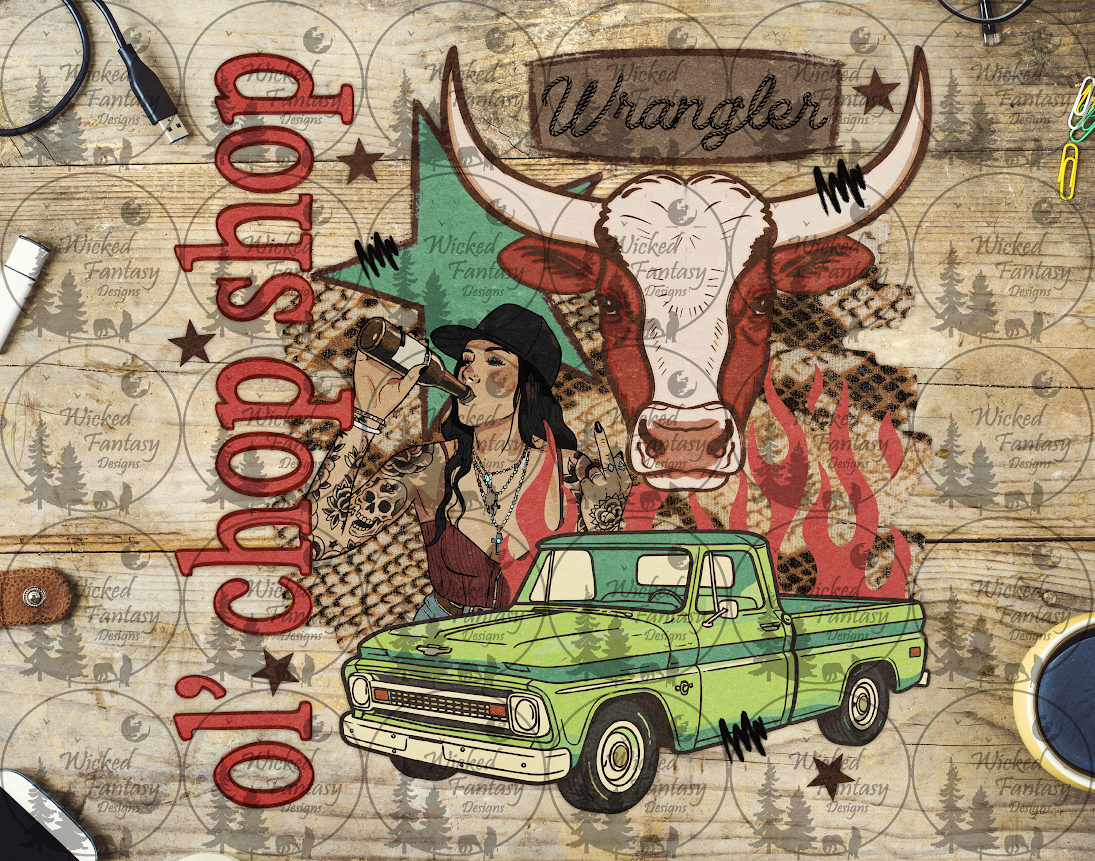 UVDTF Ol Chop Shop Vintage Truck and Cow Collage