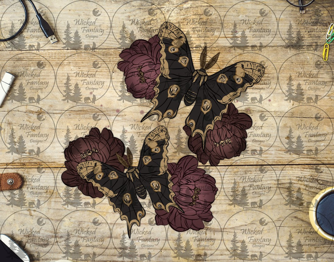 UVDTF Black Gold Moths and Burgundy Floral