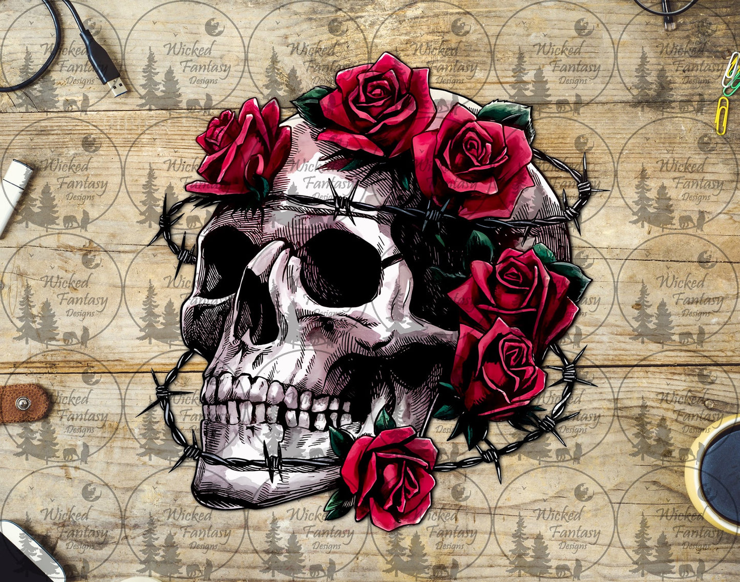 UVDTF Skull with Roses and Barb Wire