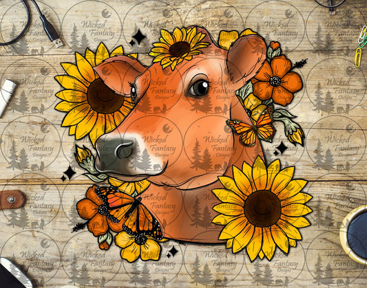 UVDTF Cow with Sunflowers and Butterflies