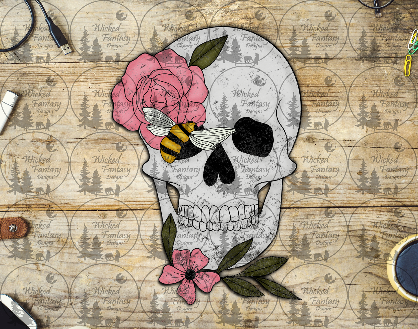 UVDTF Skull with Bees and Roses